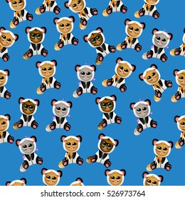 Very high quality original trendy vector seamless pattern with cute cat in panda costume or suit