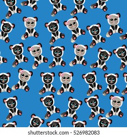 Very high quality original trendy vector seamless pattern with cute cat in panda costume or suit