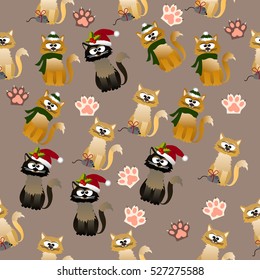 Very high quality original trendy vector seamless pattern with cute cats and paws