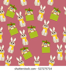 Very high quality original trendy vector seamless pattern with cute rabbit with scarf