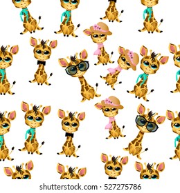 Very high quality original trendy vector seamless pattern with cute giraffe baby or calf with tie