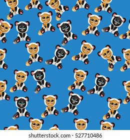 Very high quality original trendy vector seamless pattern with cute cat in panda costume or suit