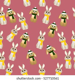 Very high quality original trendy vector seamless pattern with cute rabbit with scarf