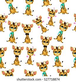 Very high quality original trendy vector seamless pattern with cute giraffe baby or calf with tie