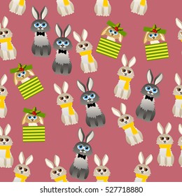 Very high quality original trendy vector seamless pattern with cute rabbit with scarf