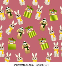 Very high quality original trendy vector seamless pattern with cute rabbit with scarf