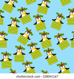 Very high quality original trendy vector seamless pattern with winter holidays happy cute Christmas penguin in scarf