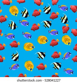 Very high quality original trendy vector seamless pattern with Moorish Idol fish. Zanclus cornutus