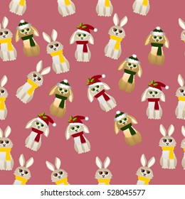 Very high quality original trendy vector seamless pattern with cute rabbit with scarf