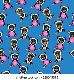 Very high quality original trendy vector seamless pattern with cute cat in panda costume or suit