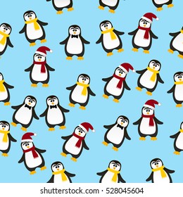 Very high quality original trendy vector seamless pattern with winter holidays happy cute Christmas penguin in scarf