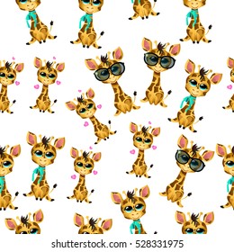 Very high quality original trendy vector seamless pattern with cute giraffe baby or calf with tie