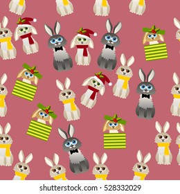 Very high quality original trendy vector seamless pattern with cute rabbit with scarf