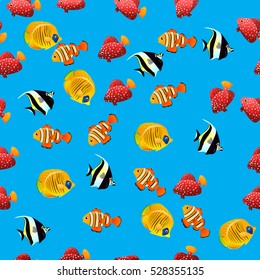 Very high quality original trendy vector seamless pattern with Moorish Idol fish. Zanclus cornutus