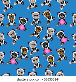 Very high quality original trendy vector seamless pattern with cute cat in panda costume or suit