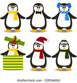 Very high quality original trendy vector set with winter holidays happy cute Christmas penguin in hat and scarf