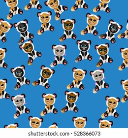 Very high quality original trendy vector seamless pattern with cute cat in panda costume or suit