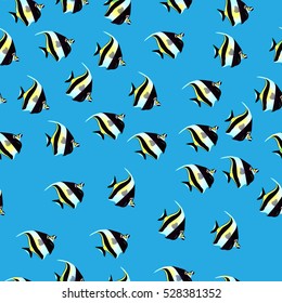 Very high quality original trendy vector seamless pattern with Moorish Idol fish. Zanclus cornutus