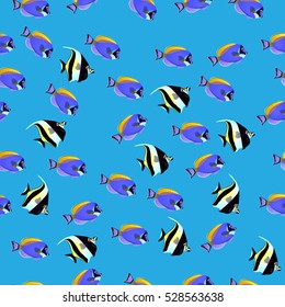 Very high quality original trendy vector seamless pattern with Moorish Idol fish. Zanclus cornutus