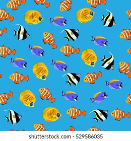 Very high quality original trendy vector seamless pattern with Moorish Idol fish. Zanclus cornutus