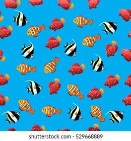 Very high quality original trendy vector seamless pattern with Moorish Idol fish. Zanclus cornutus