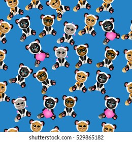 Very high quality original trendy vector seamless pattern with cute cat in panda costume or suit