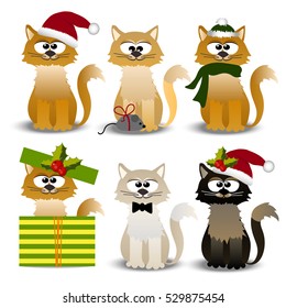 Very high quality original trendy vector set with cute cats in santa hat and scarf, with gift boxes and tie