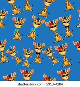 Very high quality original trendy vector seamless pattern with cute giraffe baby or calf with tie
