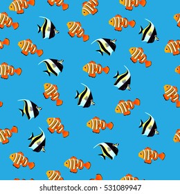 Very high quality original trendy vector seamless pattern with Moorish Idol fish. Zanclus cornutus