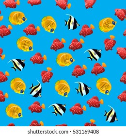 Very high quality original trendy vector seamless pattern with Moorish Idol fish. Zanclus cornutus