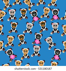 Very high quality original trendy vector seamless pattern with cute cat in panda costume or suit