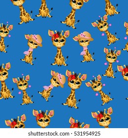 Very high quality original trendy vector seamless pattern with cute giraffe baby or calf with tie