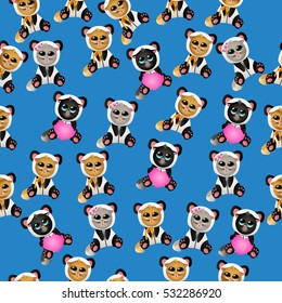 Very high quality original trendy vector seamless pattern with cute cat in panda costume or suit