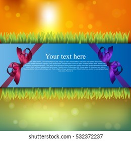 Very high quality original trendy banner with grass, flowers and realistic ribbon on sunset background