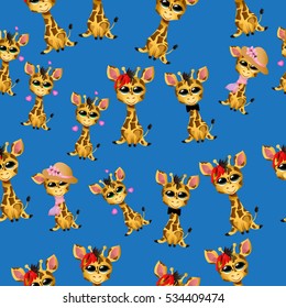 Very high quality original trendy vector seamless pattern with cute giraffe baby or calf with tie