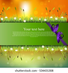 Very high quality original trendy banner with grass, flowers, chamomile and realistic ribbon on sunset background