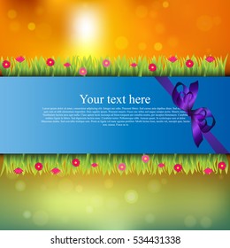 Very high quality original trendy banner with grass, flowers, chamomile and realistic ribbon on sunset background