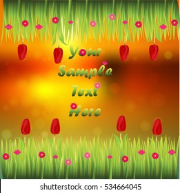 Very high quality original trendy illustration of grass with flowers, tulip frame for text or card on sunset background