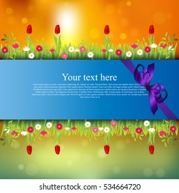 Very high quality original trendy banner with grass, flowers, chamomile, Tulip and realistic ribbon on sunset background