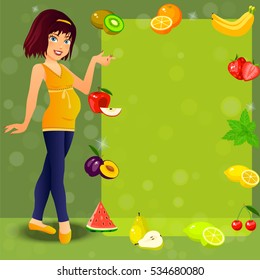 Very high quality original trendy vector illustration of smiling cute pregnant woman and fruit diet for her