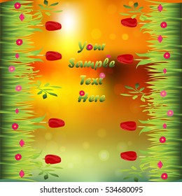 Very high quality original trendy illustration of grass with flowers, tulip frame for text or card on sunset background