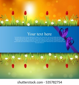 Very high quality original trendy banner with grass, flowers, chamomile, Tulip and realistic ribbon on sunset background