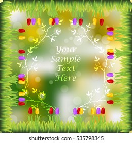 Very high quality original trendy frame with grass, flowers, tulip, chamomile on sunset background