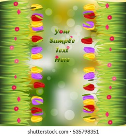 Very high quality original trendy illustration of grass with flowers, tulip frame for text or card