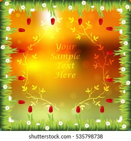 Very high quality original trendy frame with grass, flowers, tulip, chamomile on sunset background