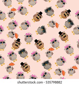 Very high quality original trendy vector seamless pattern with an Cute owl with umbrella