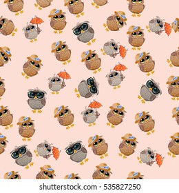 Very high quality original trendy vector seamless pattern with an Cute owl with umbrella