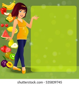 Very high quality original trendy vector illustration of smiling cute pregnant woman and fruit diet for her
