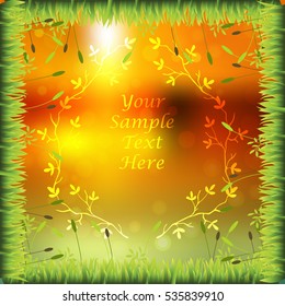 Very high quality original trendy frame with grass, flowers, chamomile on sunset background