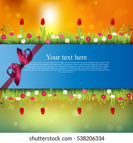 Very high quality original trendy banner with grass, flowers, chamomile, Tulip and realistic ribbon on sunset background